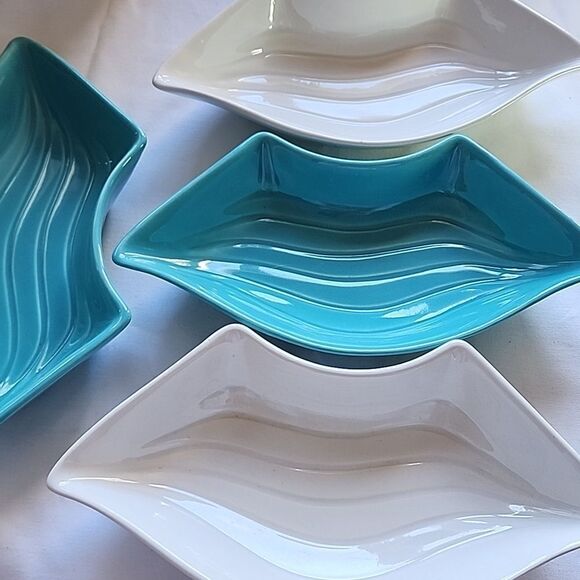 Mid Century Modern Wave Pattern Crudite Chip Dip Lazy Susan Dishes Set Of 4 - Picture 10 of 11